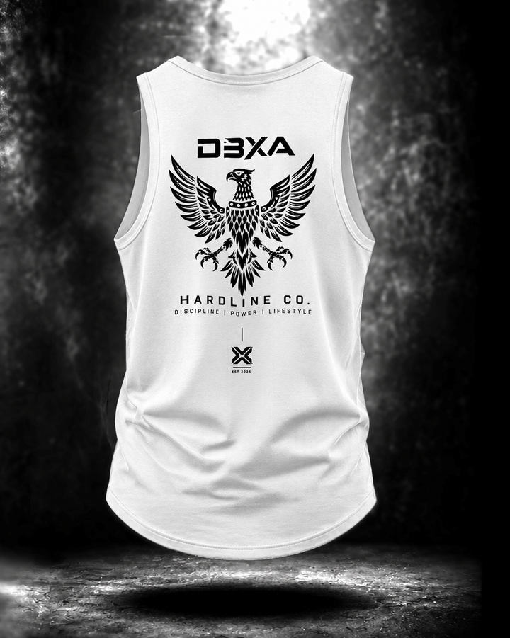 White Hardline Co. Wingmark Tank back view with black DBXA eagle, Hardline Co. lettering and EST. 2025 back artwork