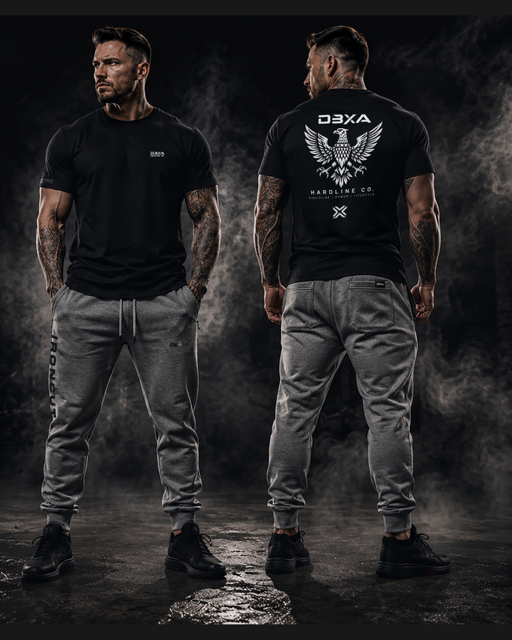 Hardline Co. Wingmark curved-hem tee in black, front and back model views
