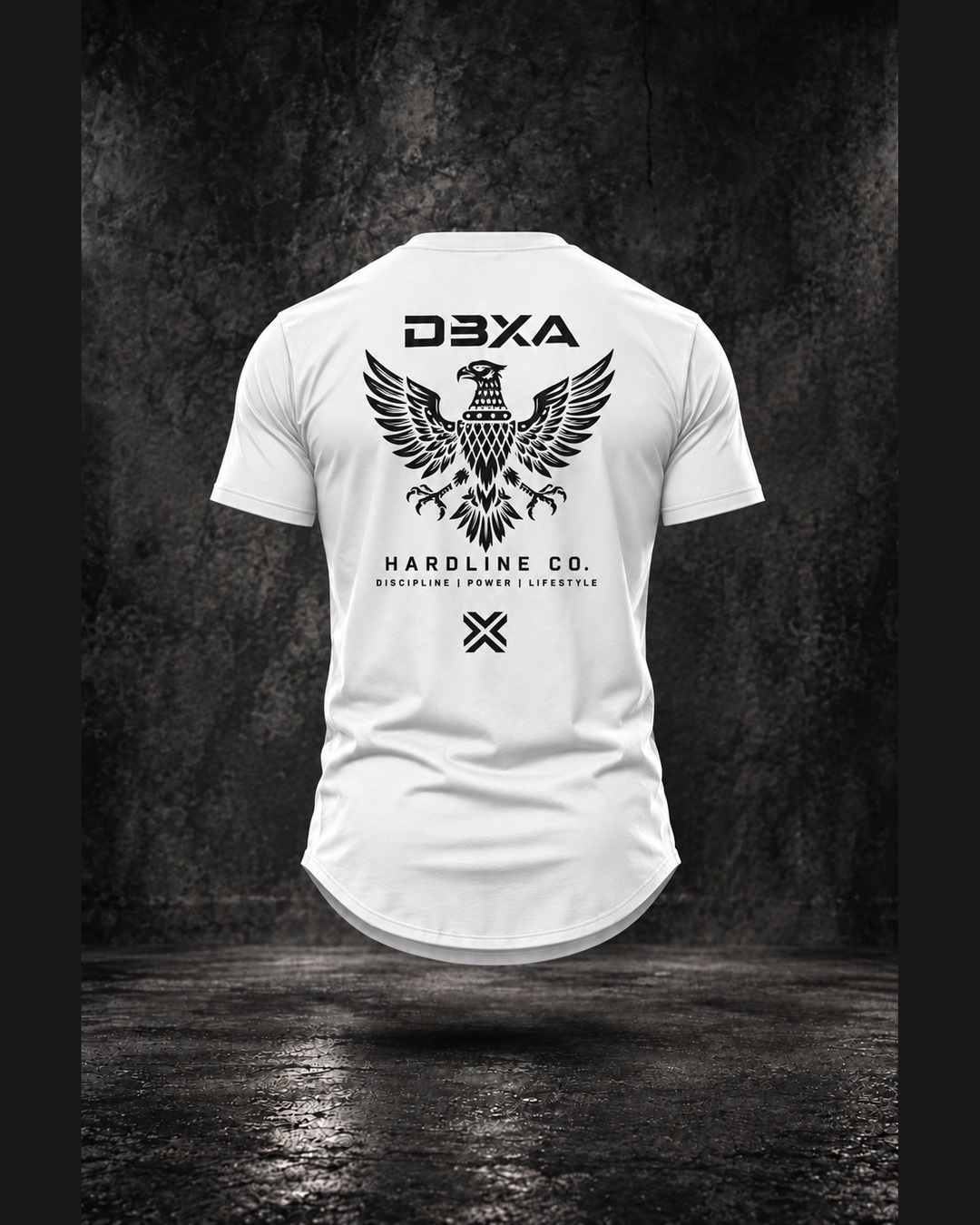 Hardline Co. Wingmark curved-hem tee in white, floating back view