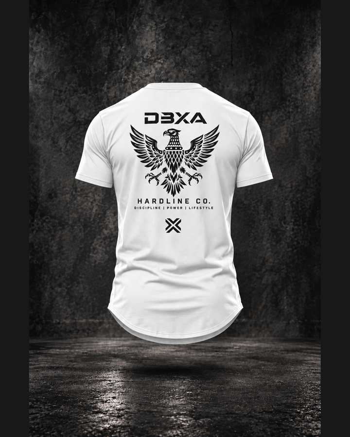 Hardline Co. Wingmark curved-hem tee in white, floating back view