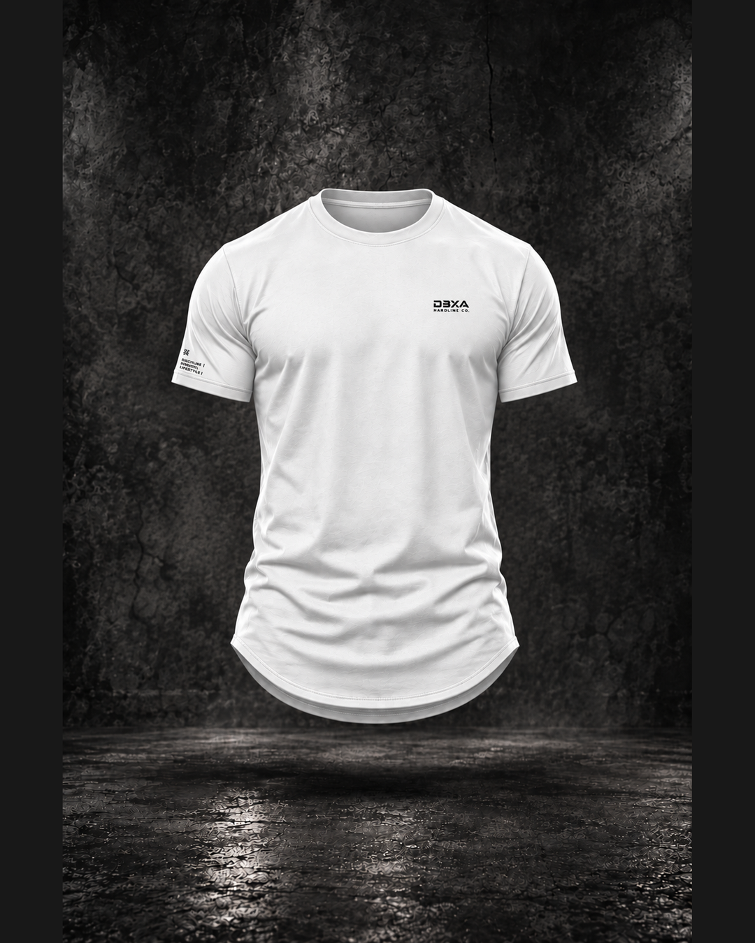 Hardline Co. Wingmark curved-hem tee in white, floating front view