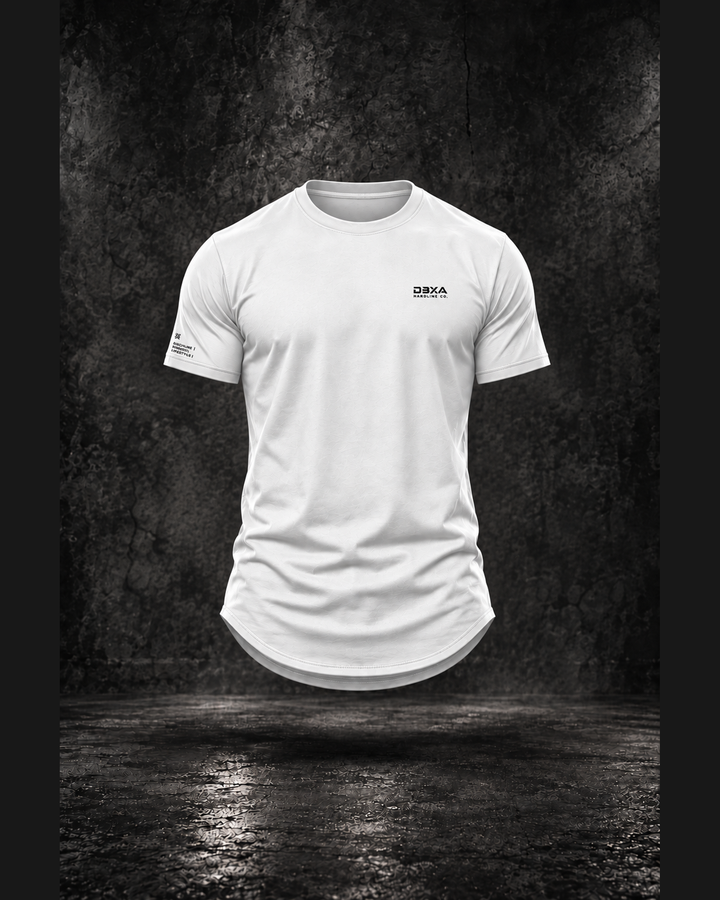 Hardline Co. Wingmark curved-hem tee in white, floating front view