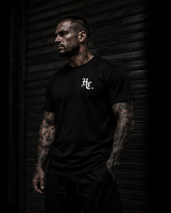 Black Hardline Co. Tee front lifestyle view