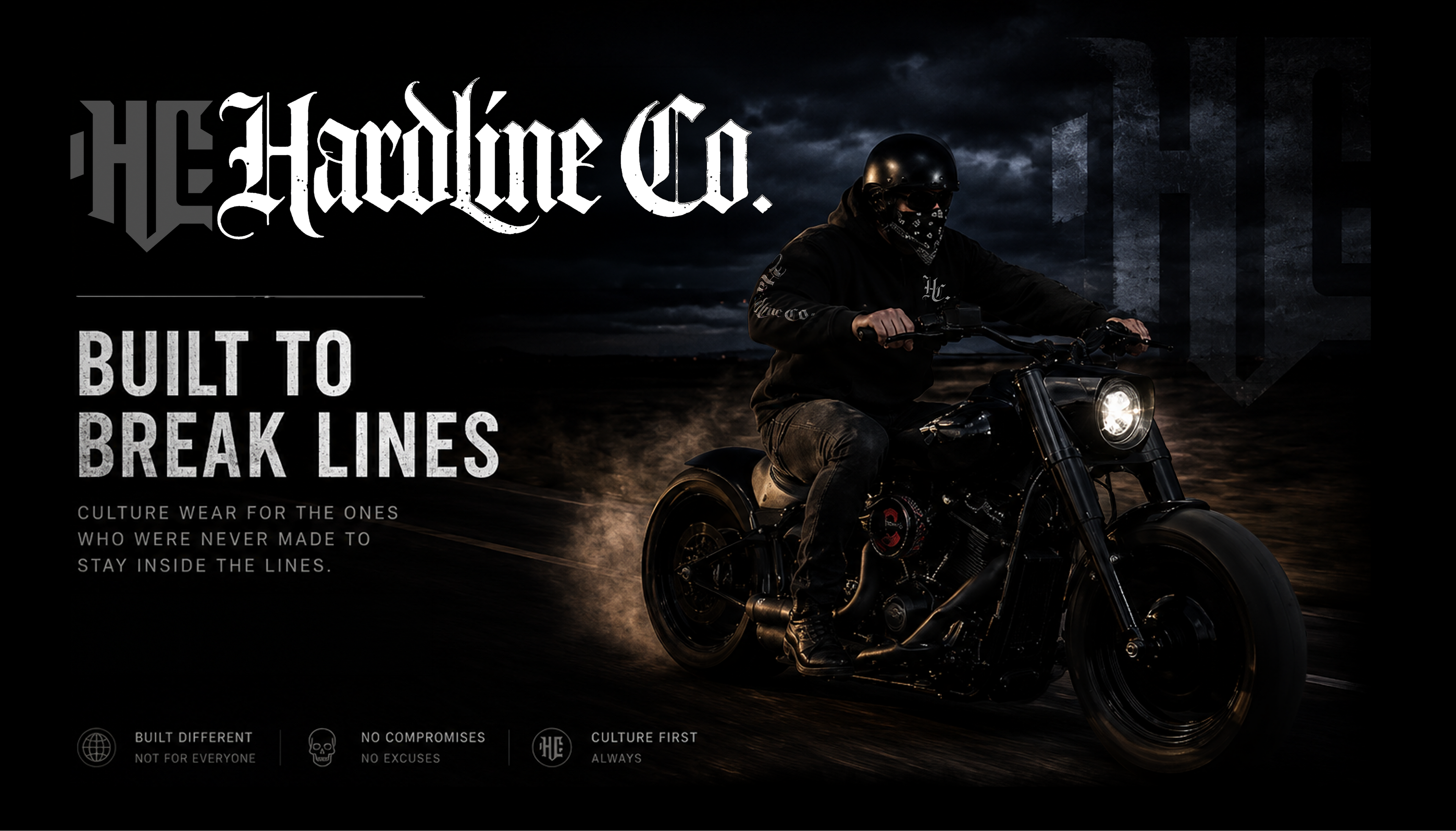 Motorcycle rider on a dark road with 'The Hardline Co.' branding and text.