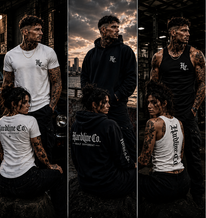 A promotional graphic for Hardline Co. featuring multiple photos of tattooed men modeling apparel in a dark industrial setting, with large stylized text reading 'Built Different' and smaller text 'Hardline Co.