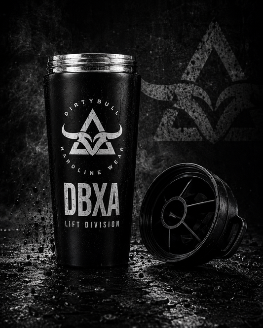 Black tumbler with 'DBXA' branding on a dark background