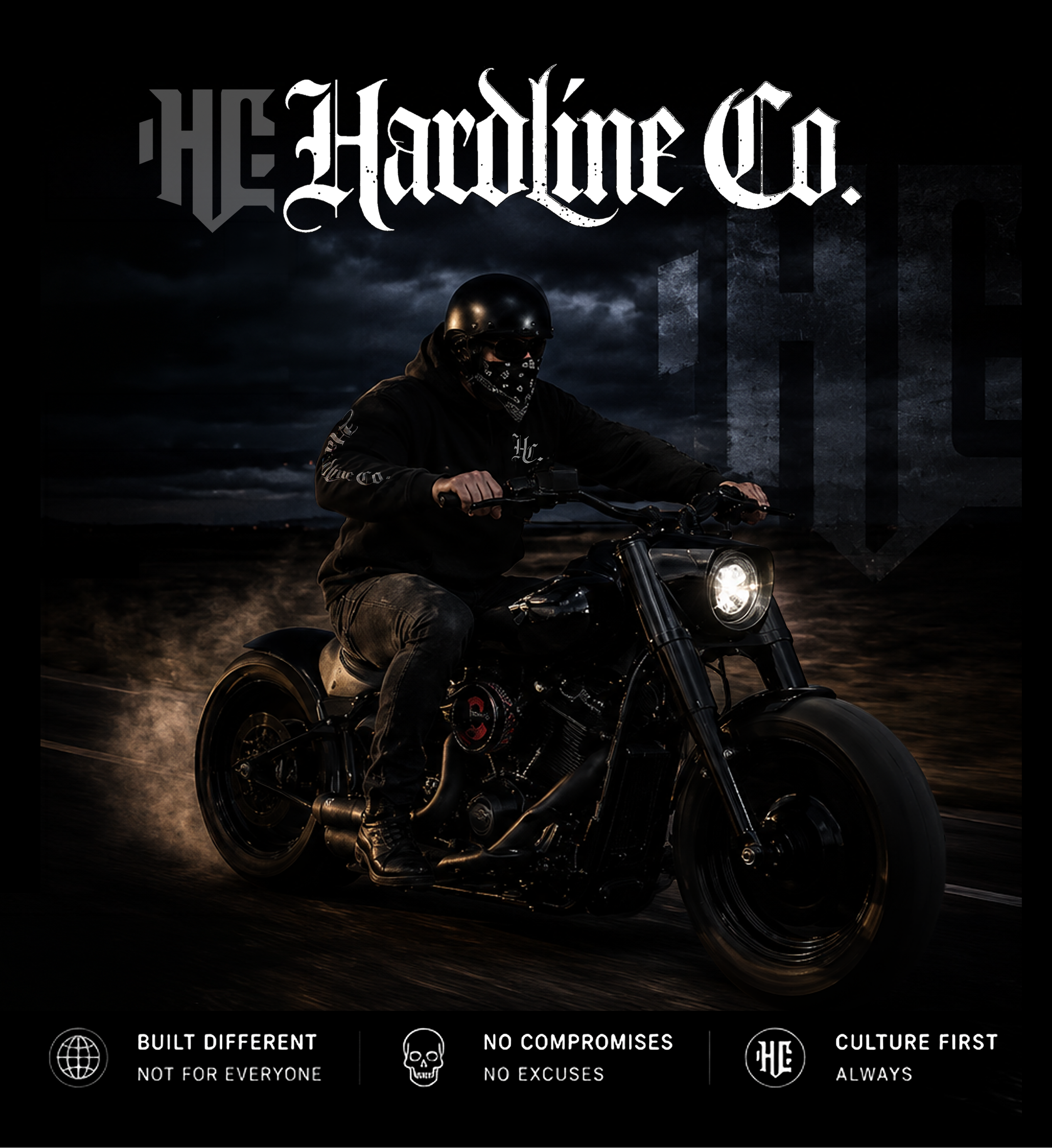 Person on a motorcycle with 'The Hardline Co.' branding in a dark setting