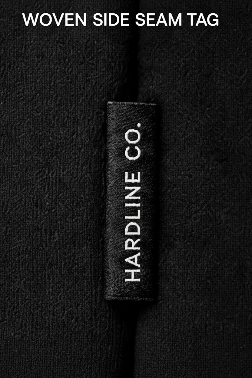 Close-up of the woven Hardline Co. side-seam label