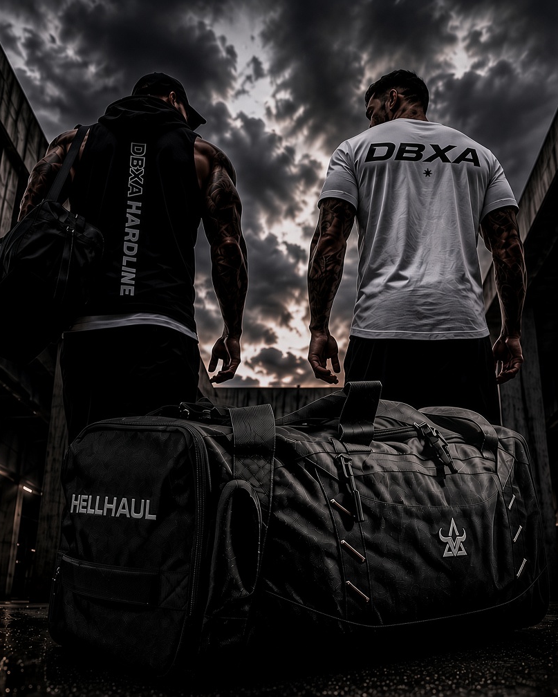 Two men standing in a dark industrial warehouse under a dramatic cloudy sky, viewed from behind, with a large black duffel bag in the foreground. One man wears a black shirt with 'JERSEY HARDWARE' printed vertically, and the other wears a white shirt with 'DBXA' printed on the back.