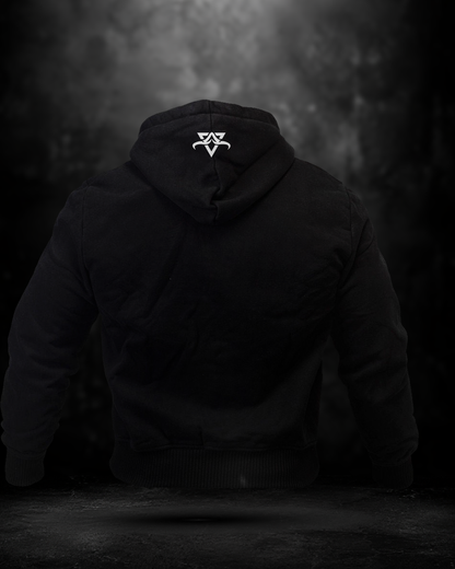Black hoodie with a logo on the back against a dark background