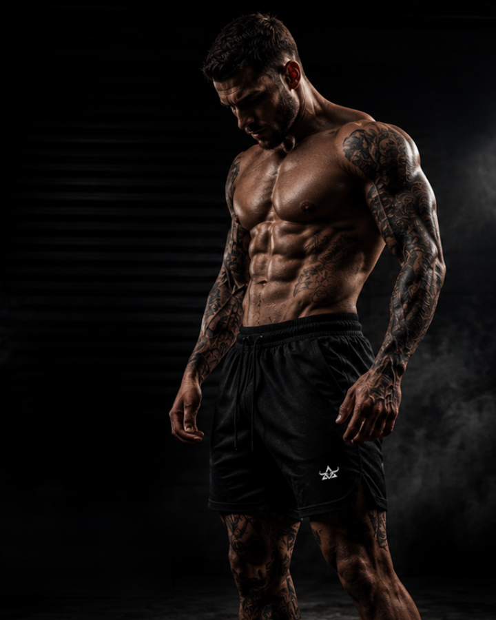 Muscular man in black shorts posing against a dark background