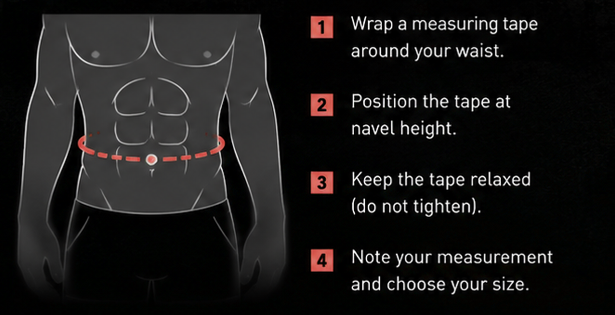 Instructions on how to measure waist size with a diagram of a torso and measuring tape.