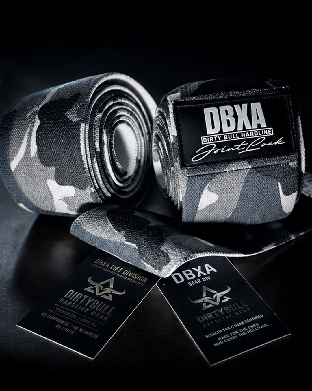 Camouflage bandages with DBXA branding on a black background