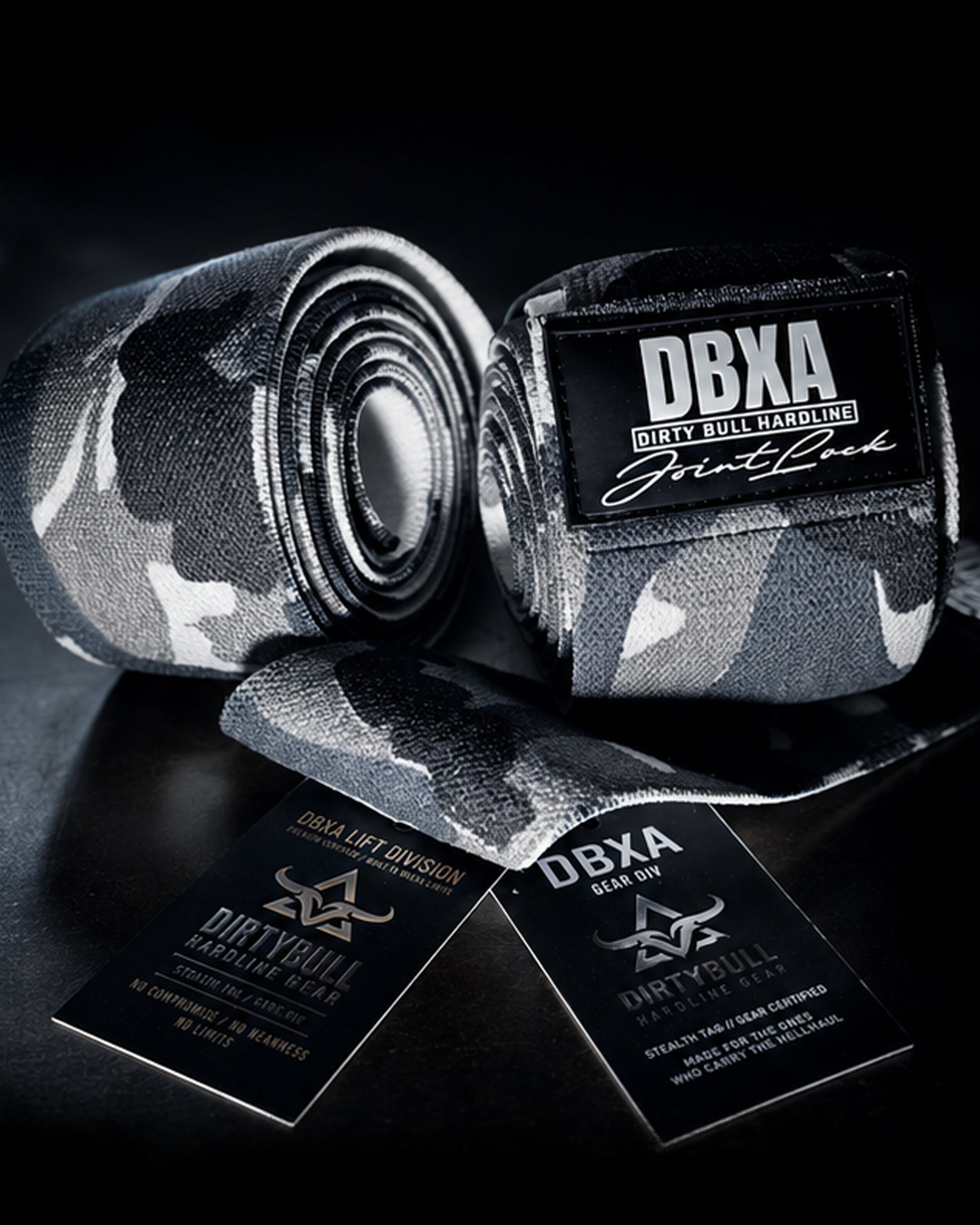 Camouflage bandages with DBXA branding on a black background