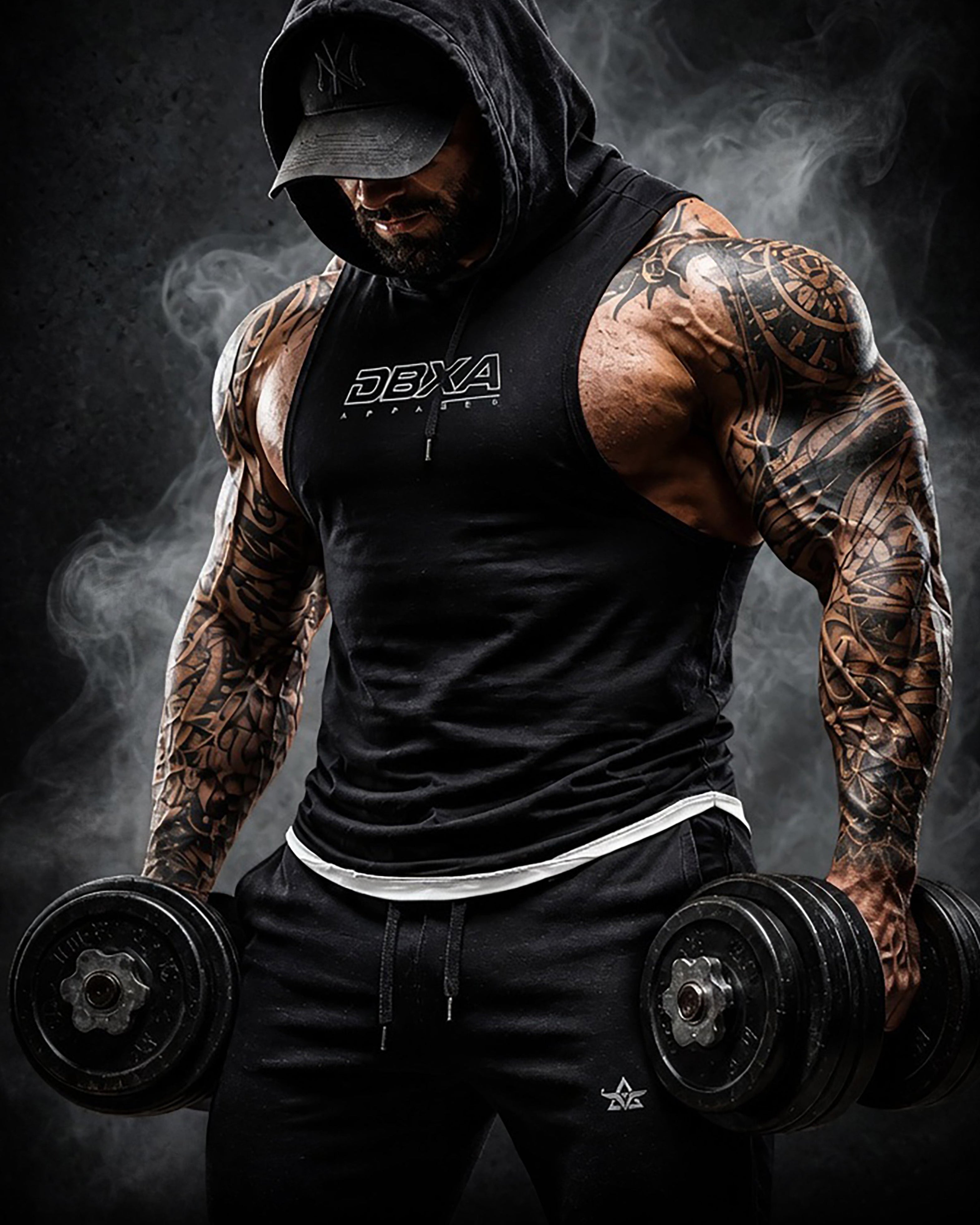 Muscular individual holding dumbbells with a dark background and smoke effect