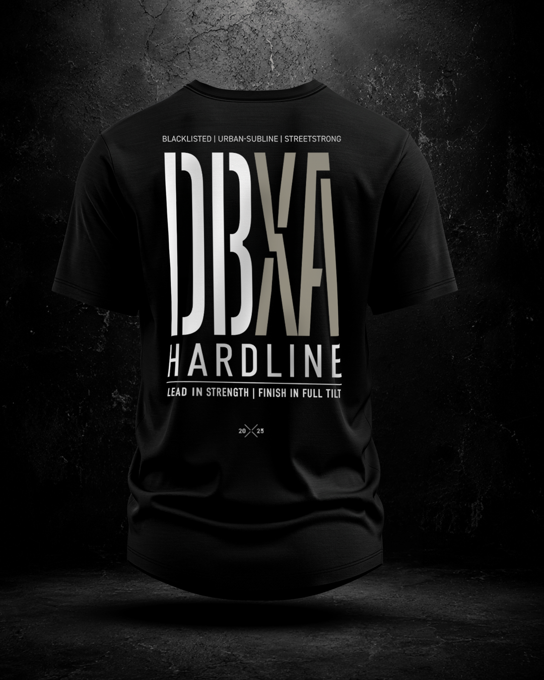 Black DBXA Hardline Taper Span Tee showing the large rear graphic