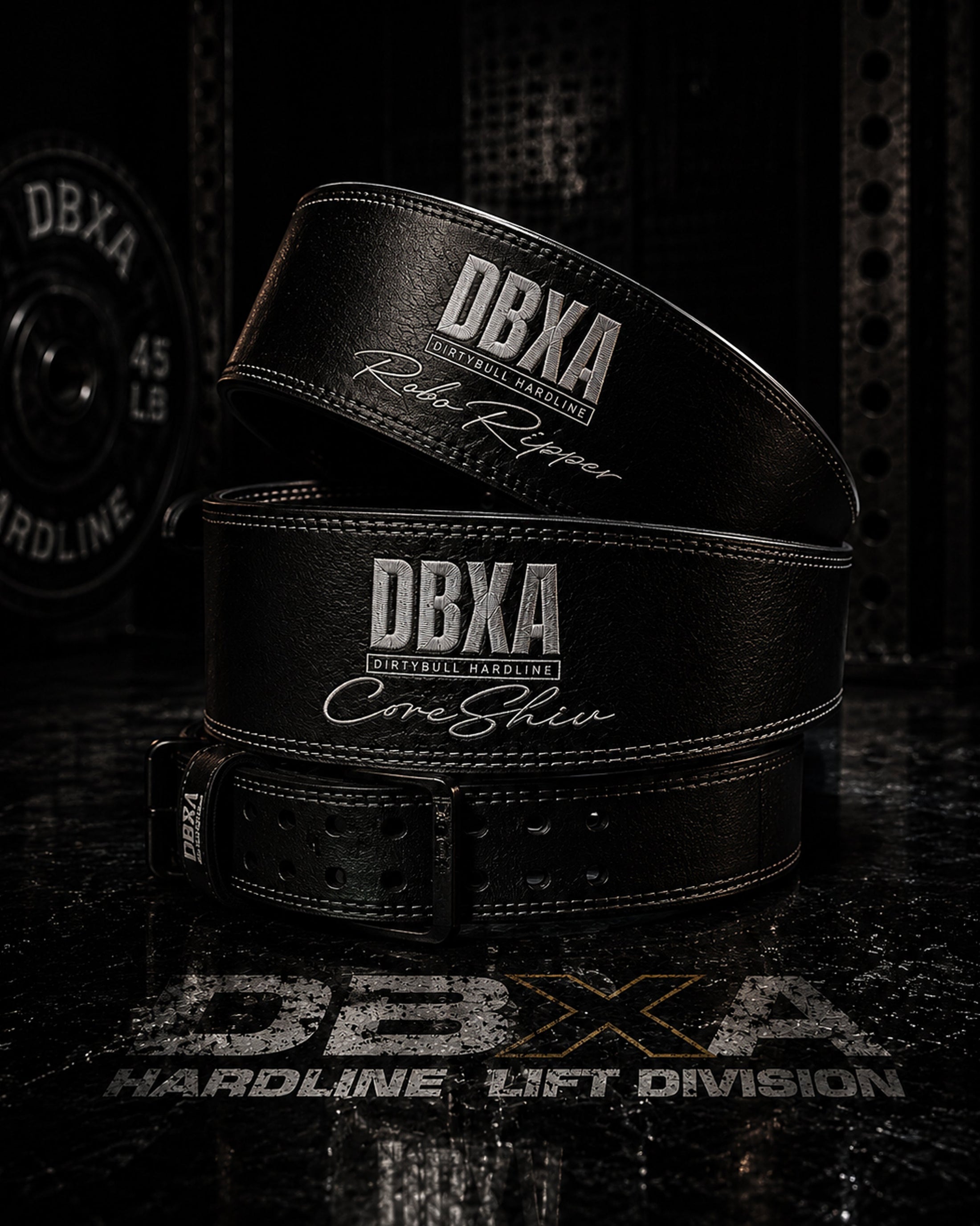 Black weightlifting belt with 'DBXA' branding on a dark background