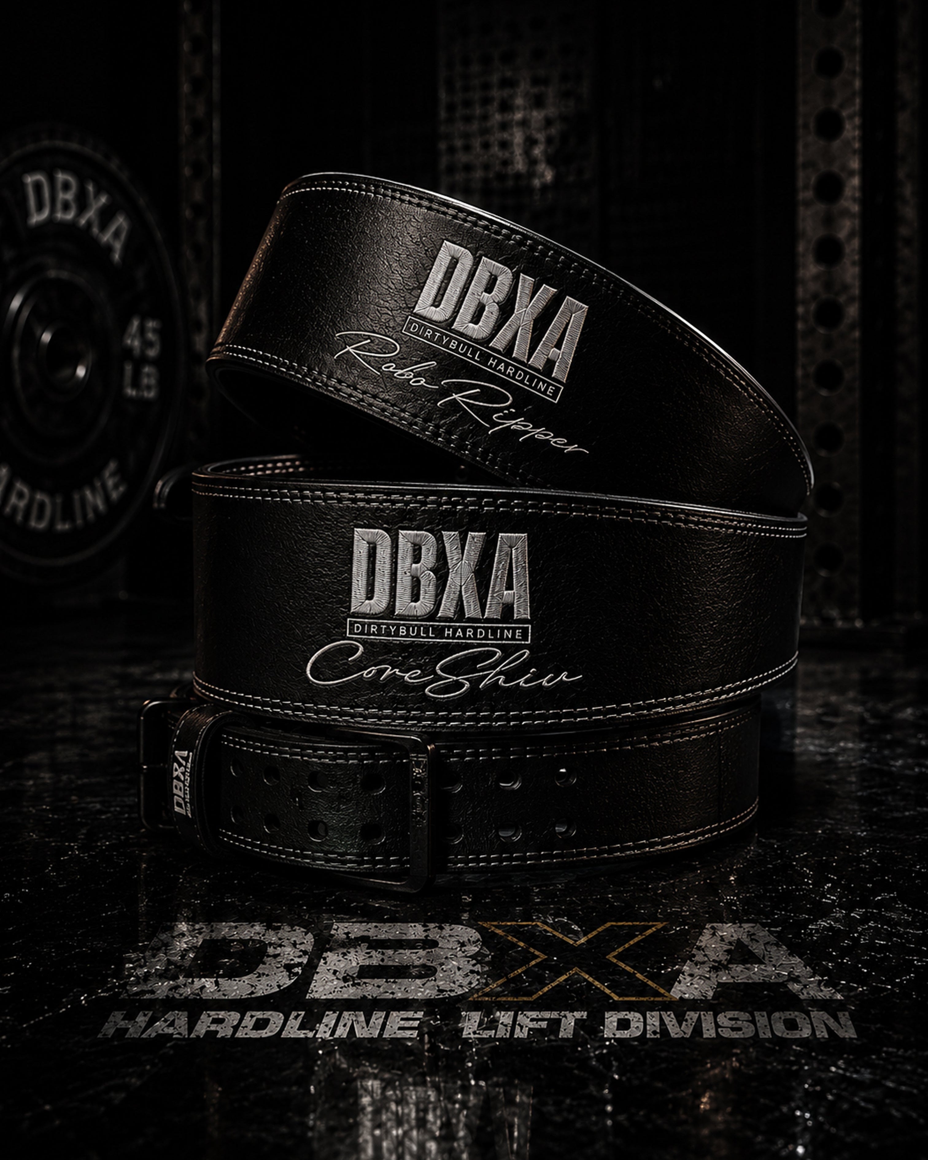 Black weightlifting belt with 'DBXA' branding on a dark background