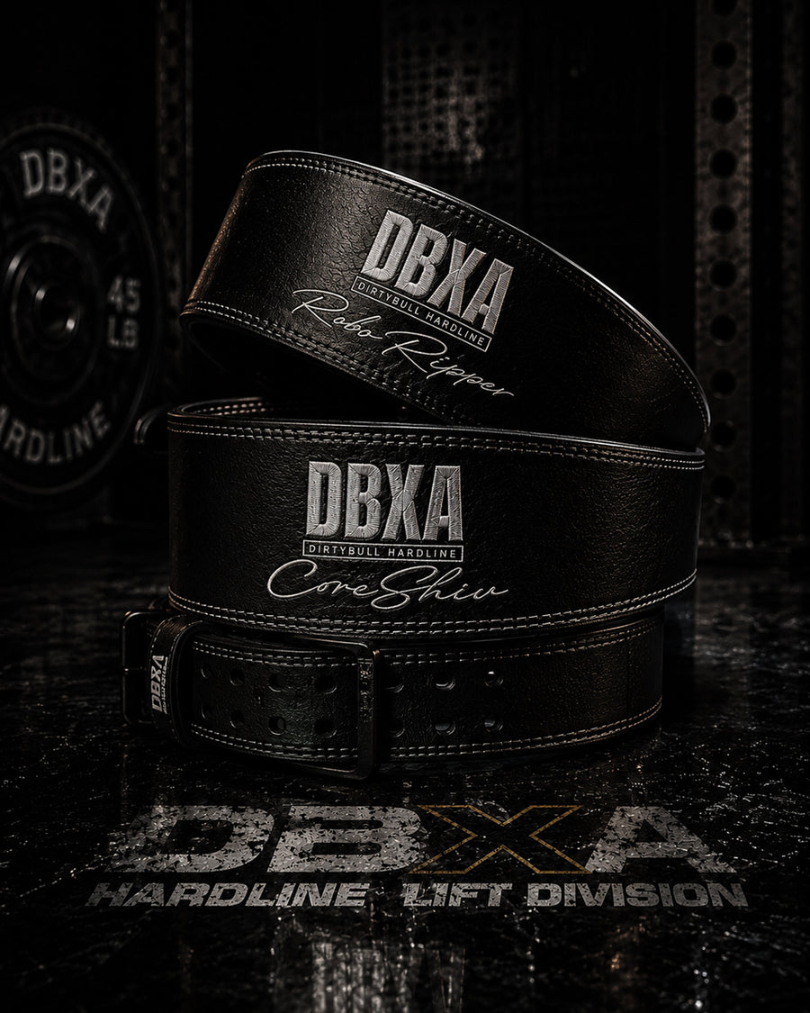 Black weightlifting belt with 'DBXA' branding on a dark background
