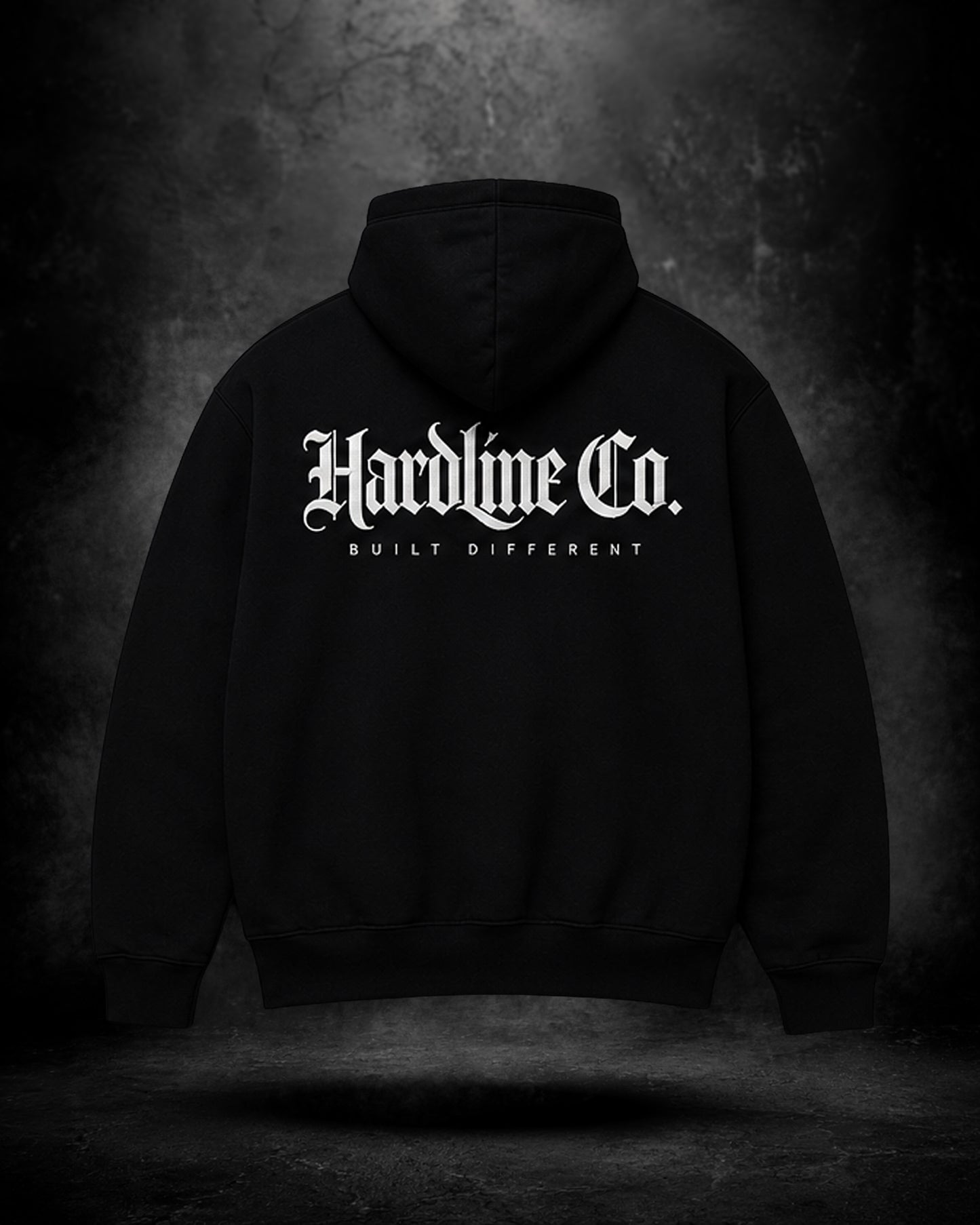 Black hoodie with 'Hardline Co.' text on a dark background