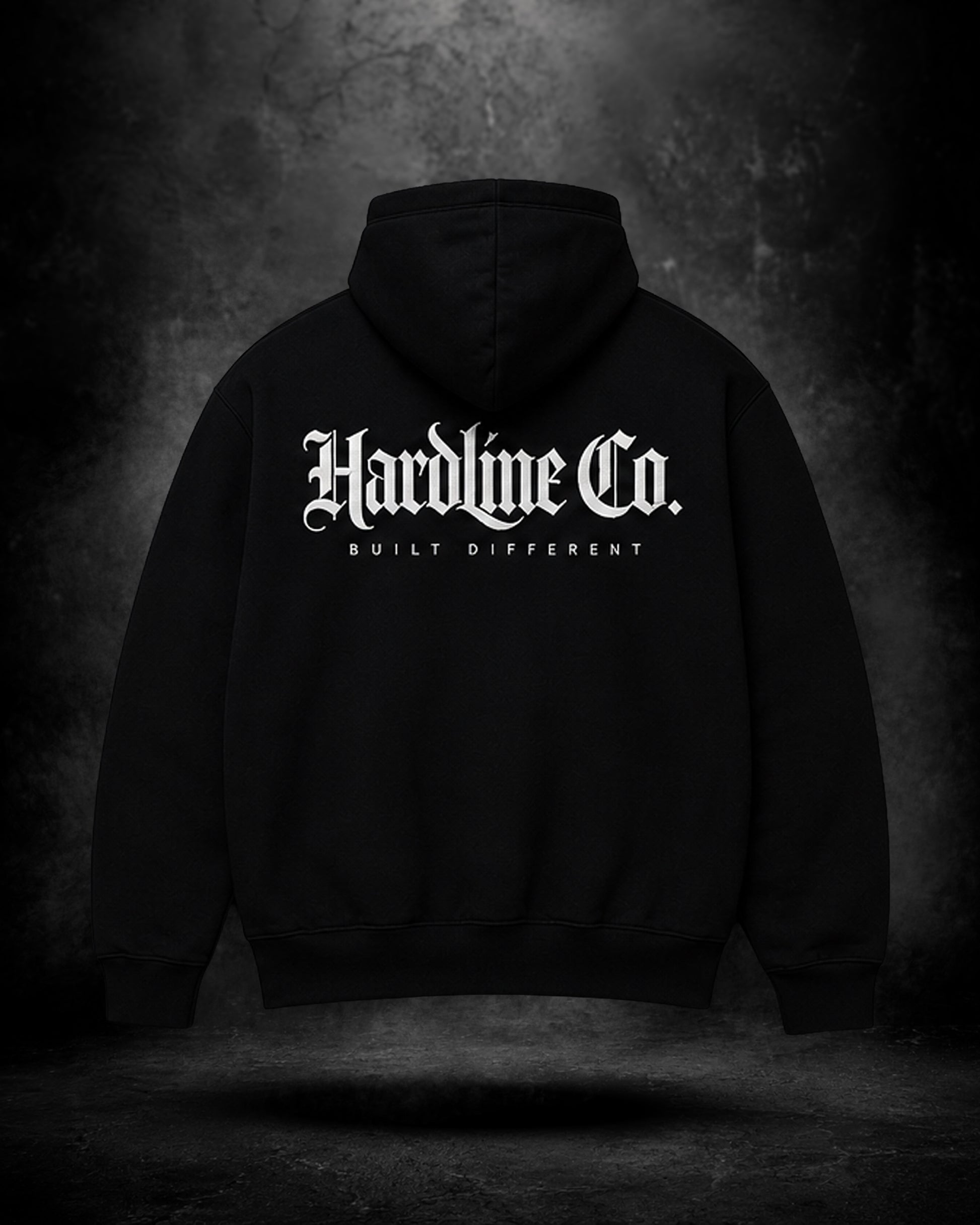 Black hoodie with 'Hardline Co.' text on a dark background