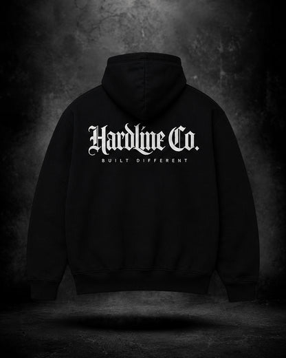Black hoodie with 'Hardline Co.' text on a dark background