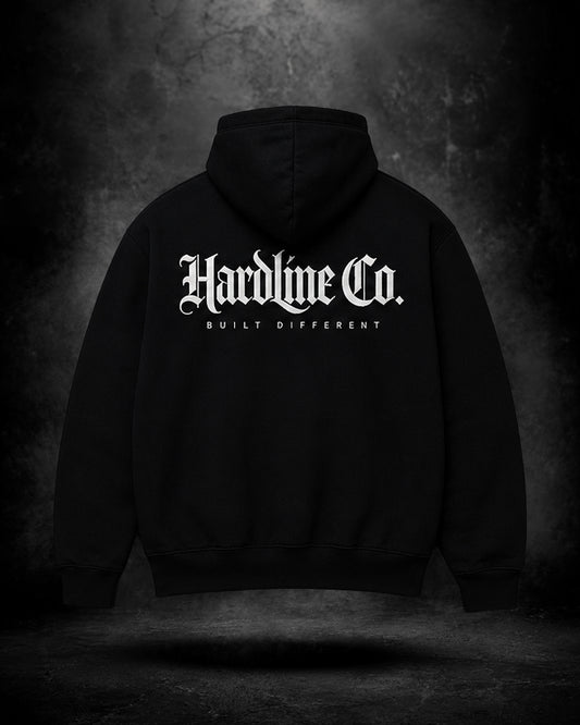 Black hoodie with 'Hardline Co.' text on a dark background