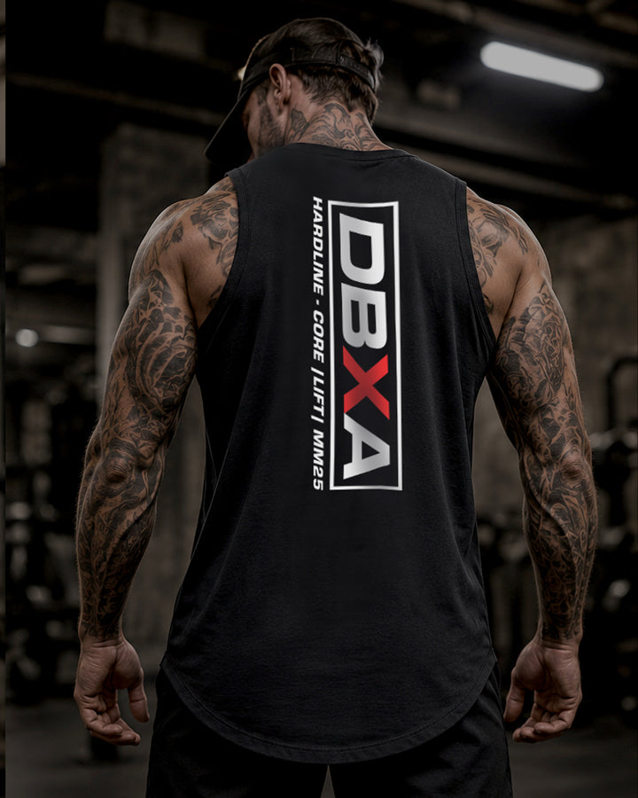 Muscular man wearing a black DBXA Hardline Tank showing the vertical rear logo