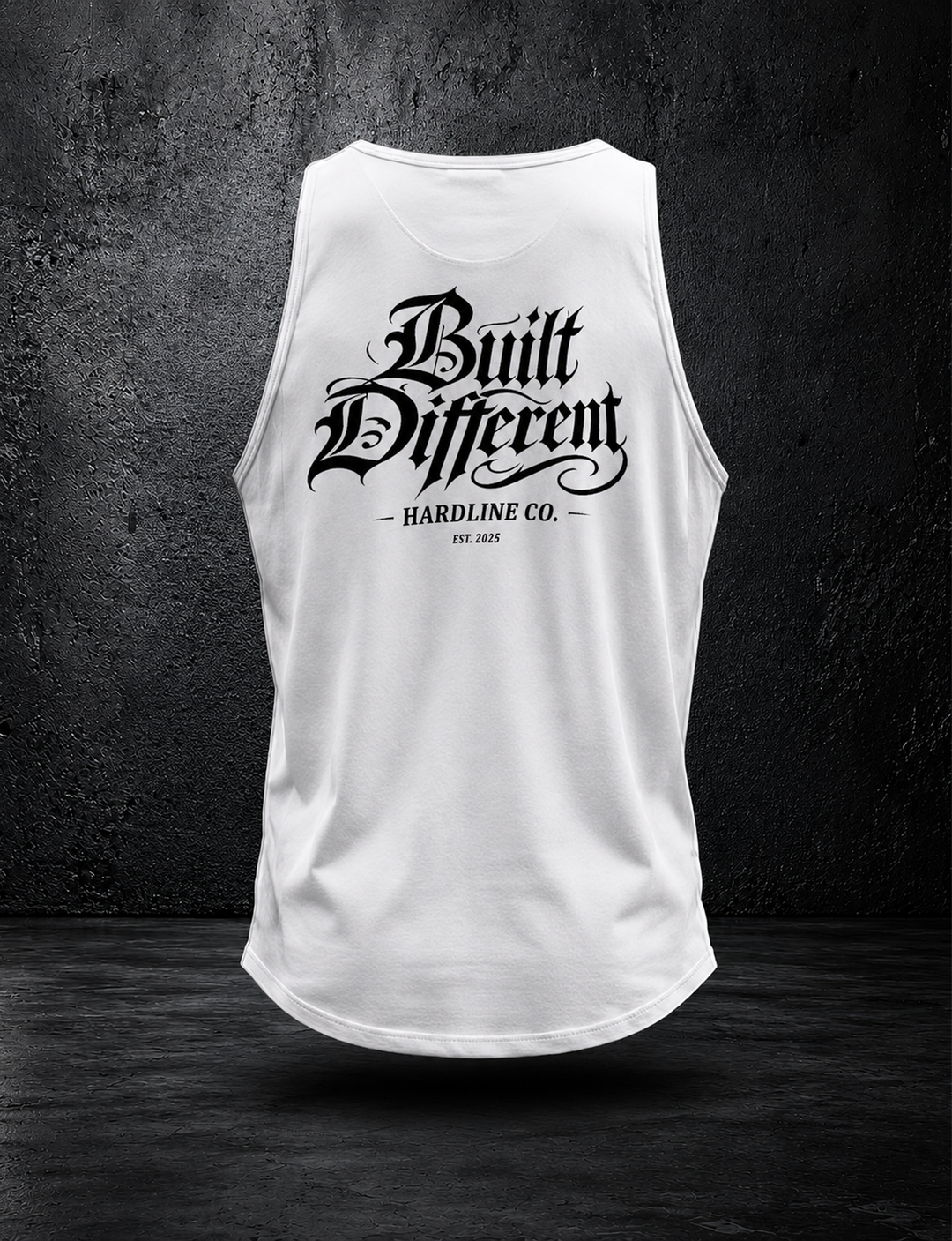 Rear view of the white Hardline Co. BD Tank with oversized Built Different artwork