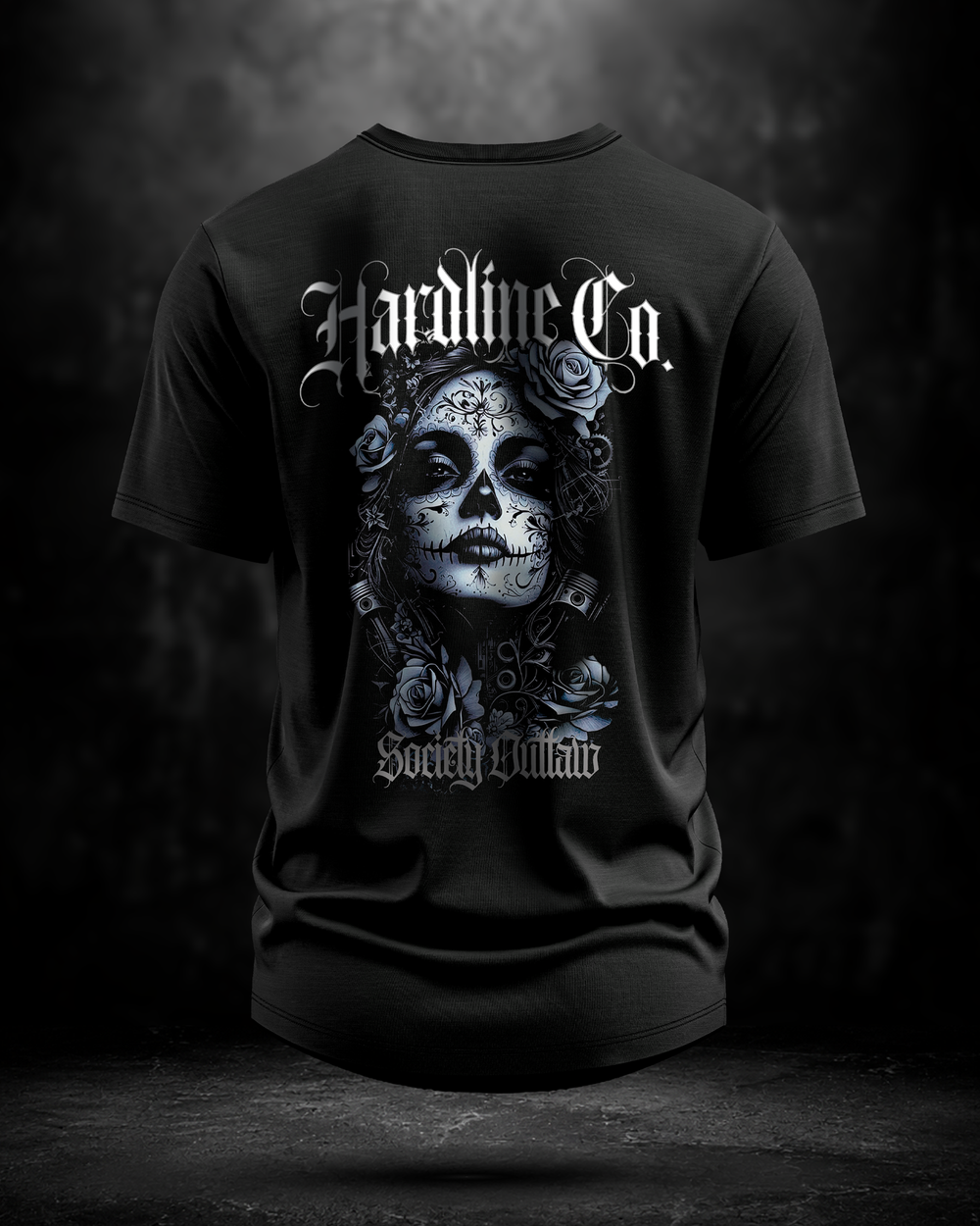 Black t-shirt with a skull and roses design on the back, featuring the 'Hardline Co.' branding.
