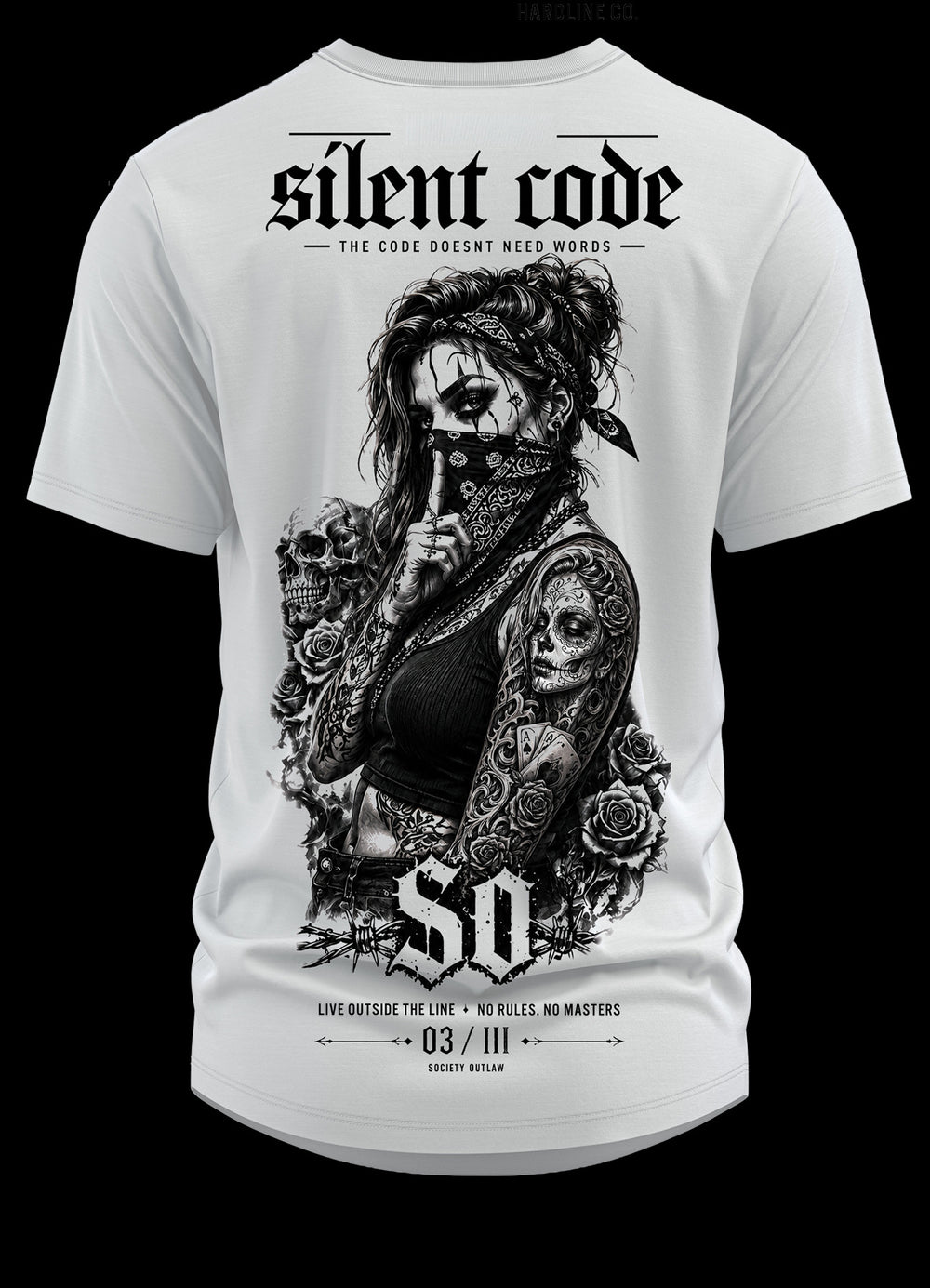 White short-sleeve t-shirt shown from the back, featuring a large black graphic print of a tattooed woman with skulls and roses, with the text 'silent code' and 'SO' on a black background.