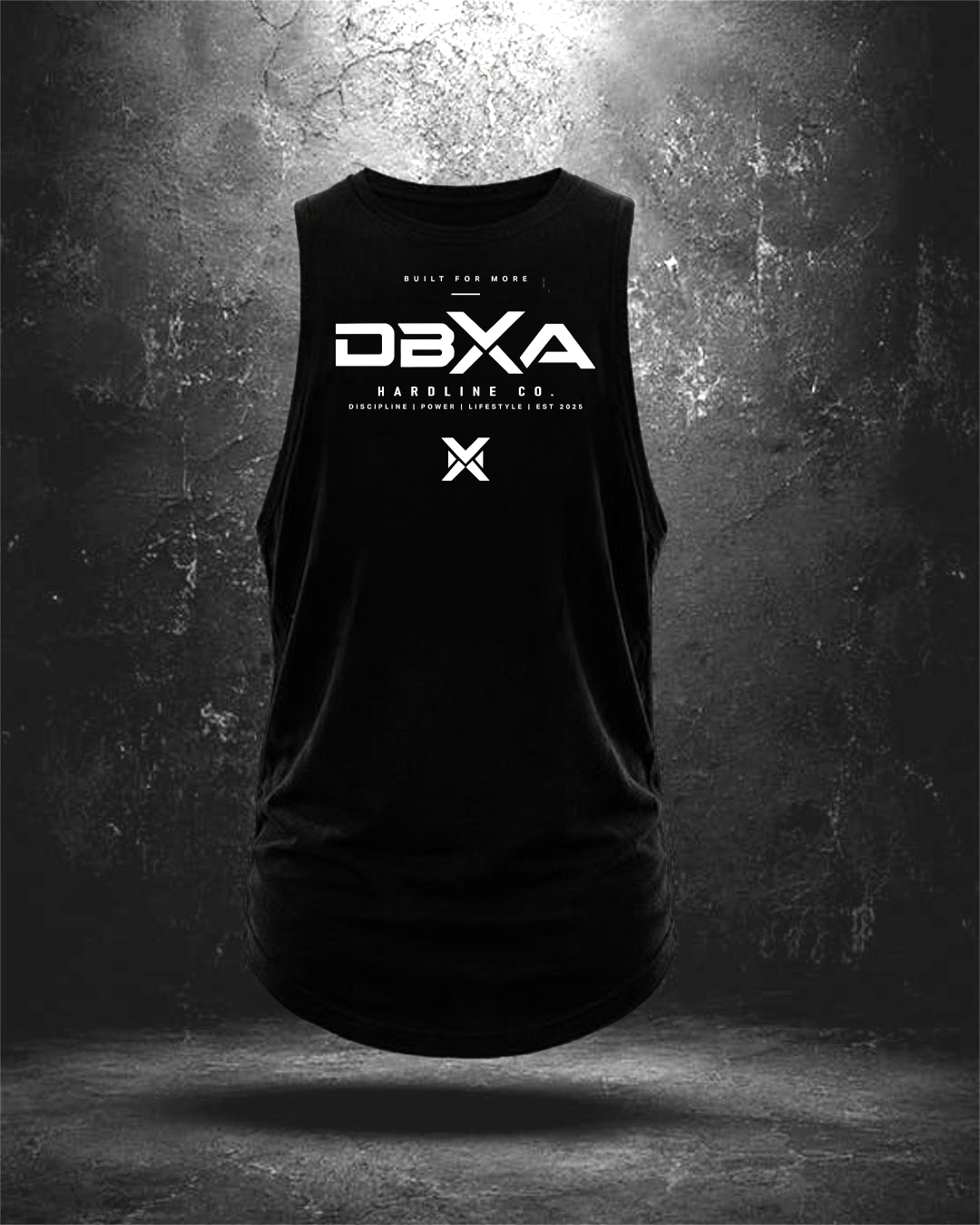 A black sleeveless tank top with a white 'DBXA SURVIVING 20' graphic on the chest, shown floating against a dark, textured studio background.