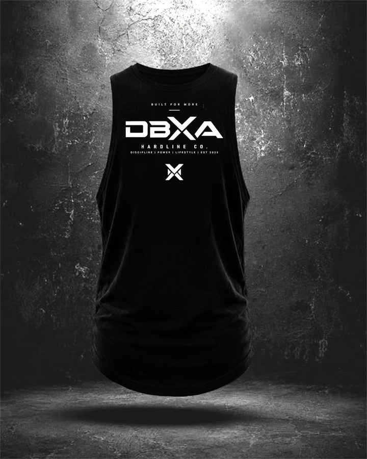 A black sleeveless tank top with a white &