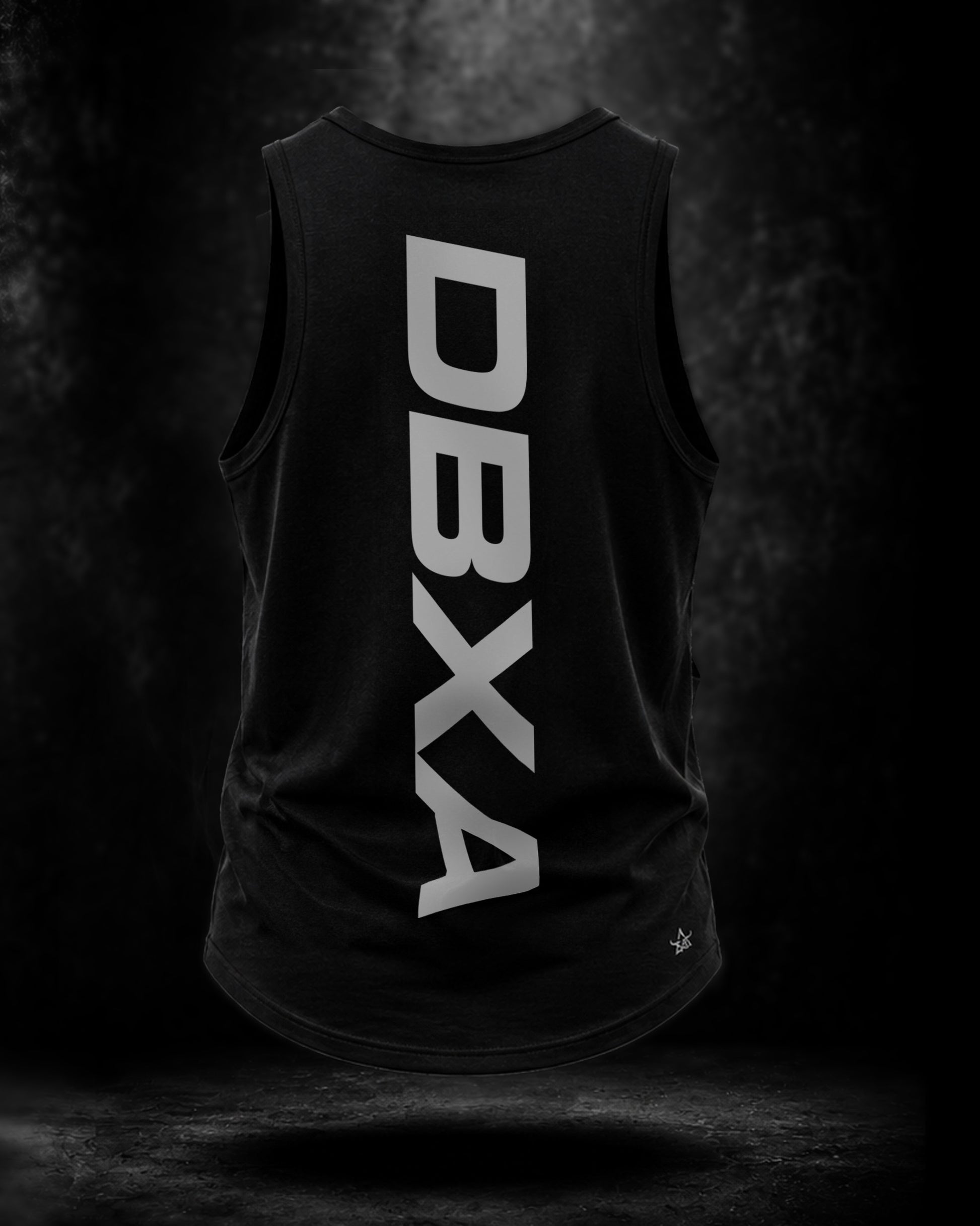 Black tank top with 'DBXA' printed on the back against a dark background