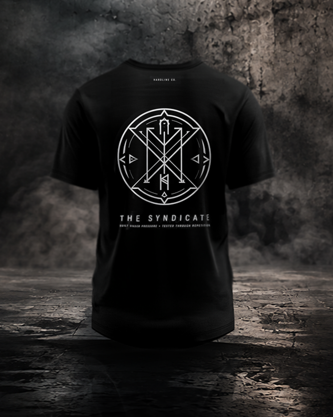 Black The Syndicate Tee rear product view with Syndicate collection artwork.