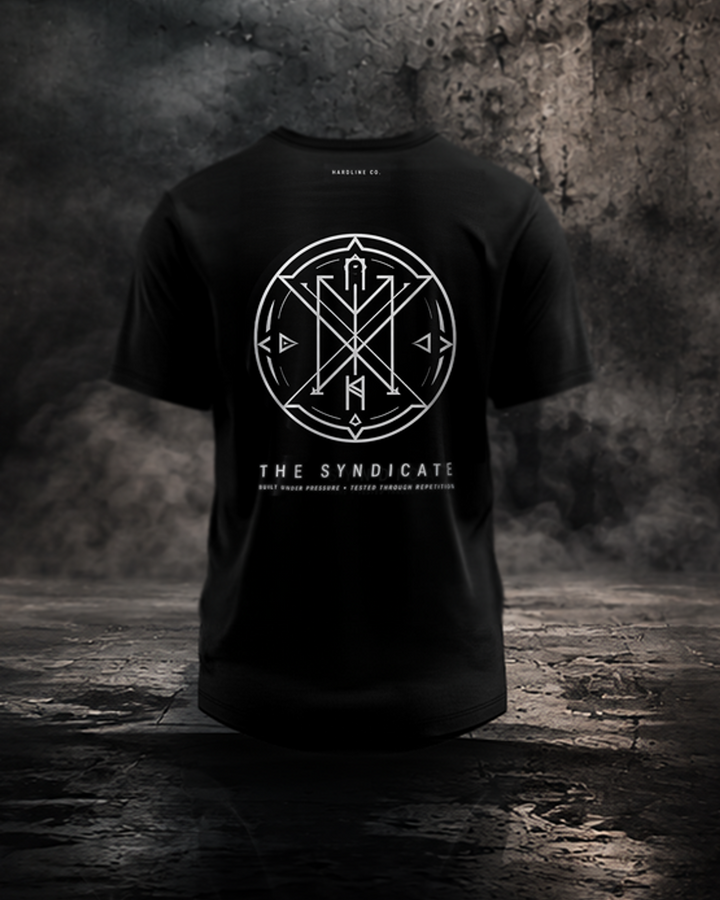 Black The Syndicate Tee rear product view with Syndicate collection artwork.