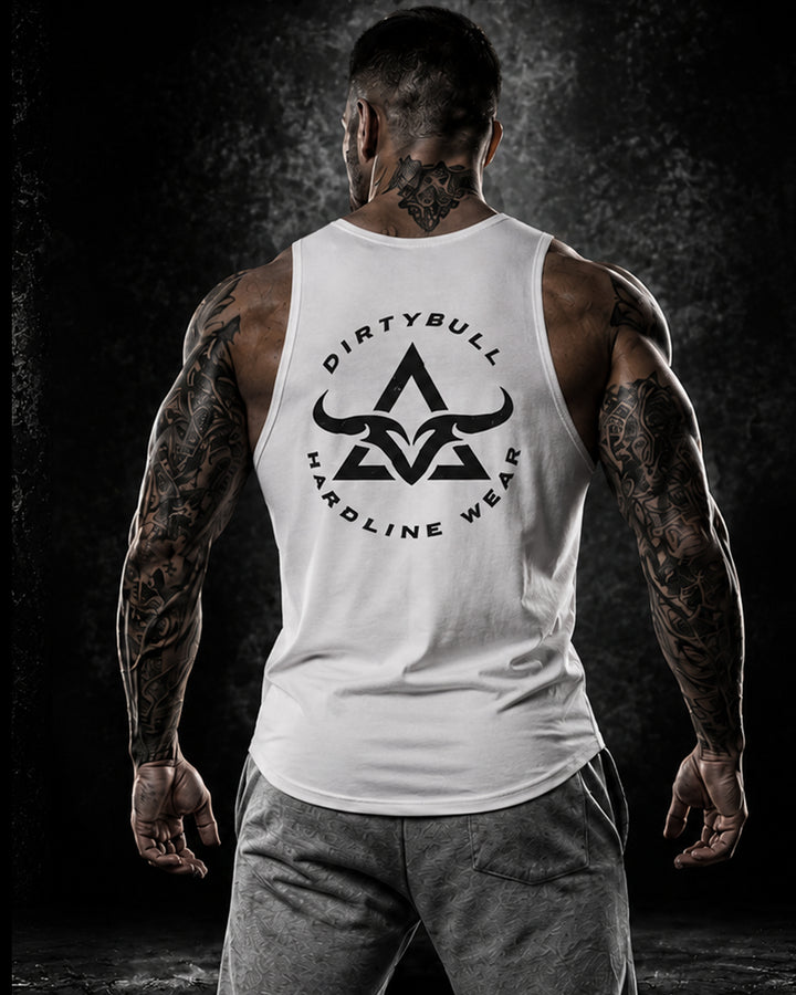 Tattooed man wearing a white DBXA Bullstrike Tank showing the rear bull logo