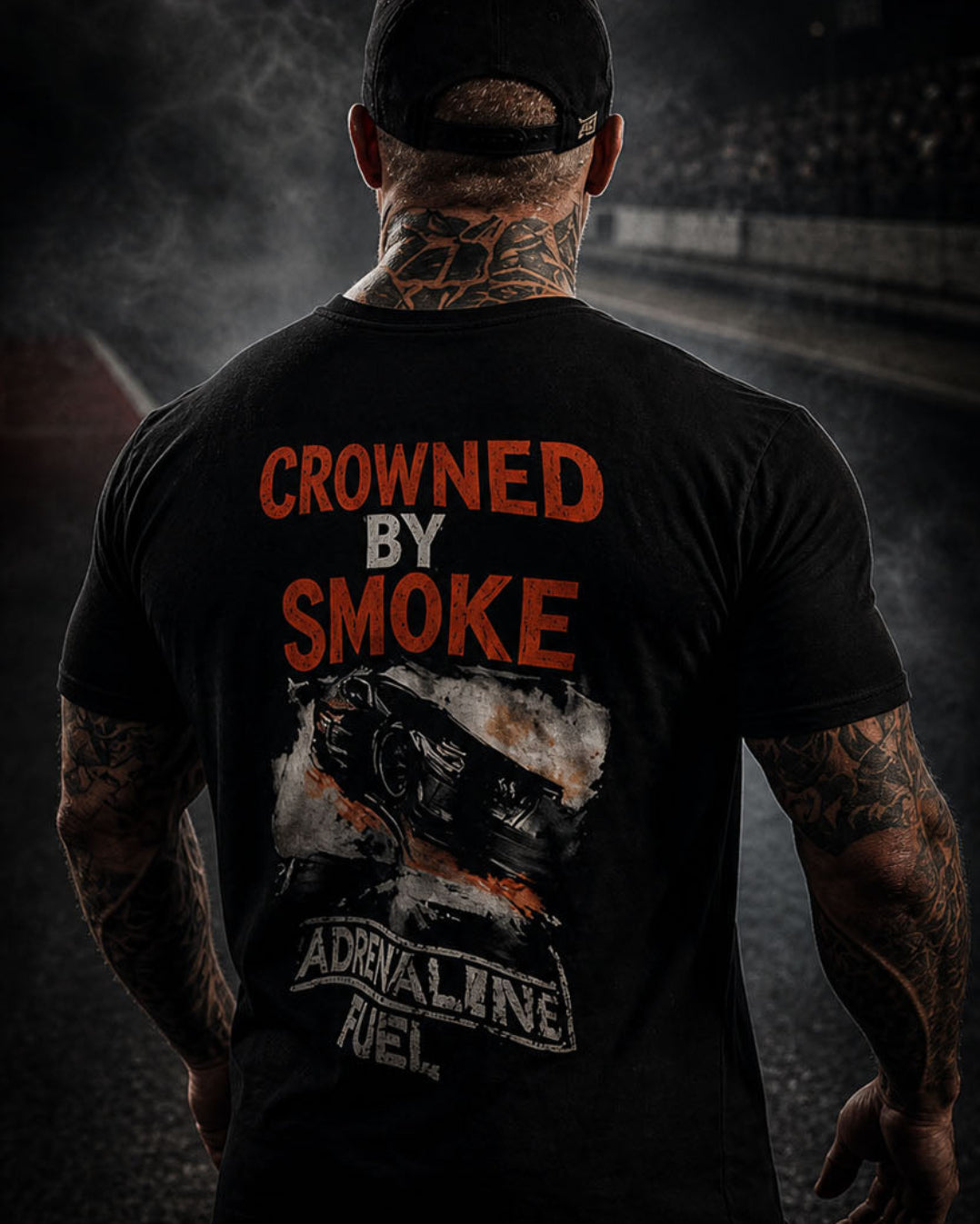 Person wearing a black t-shirt with 'Crowned by Smoke' design, standing against a dark background.