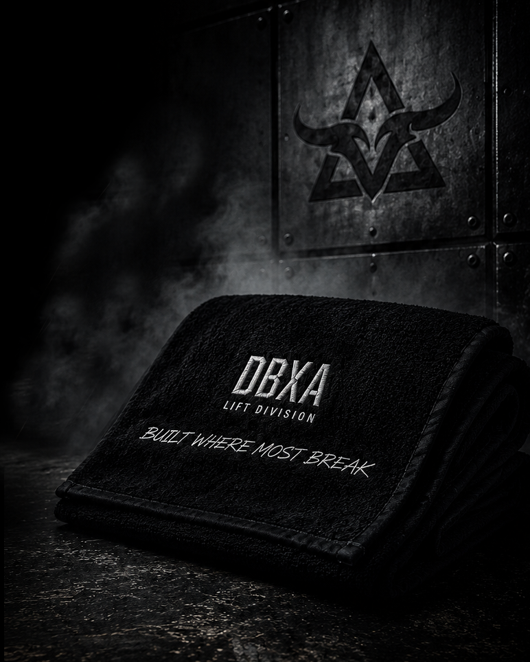 DBXA Lift Division logo on a black towel with a dark background