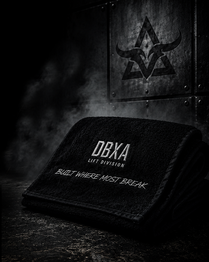 DBXA Lift Division logo on a black towel with a dark background
