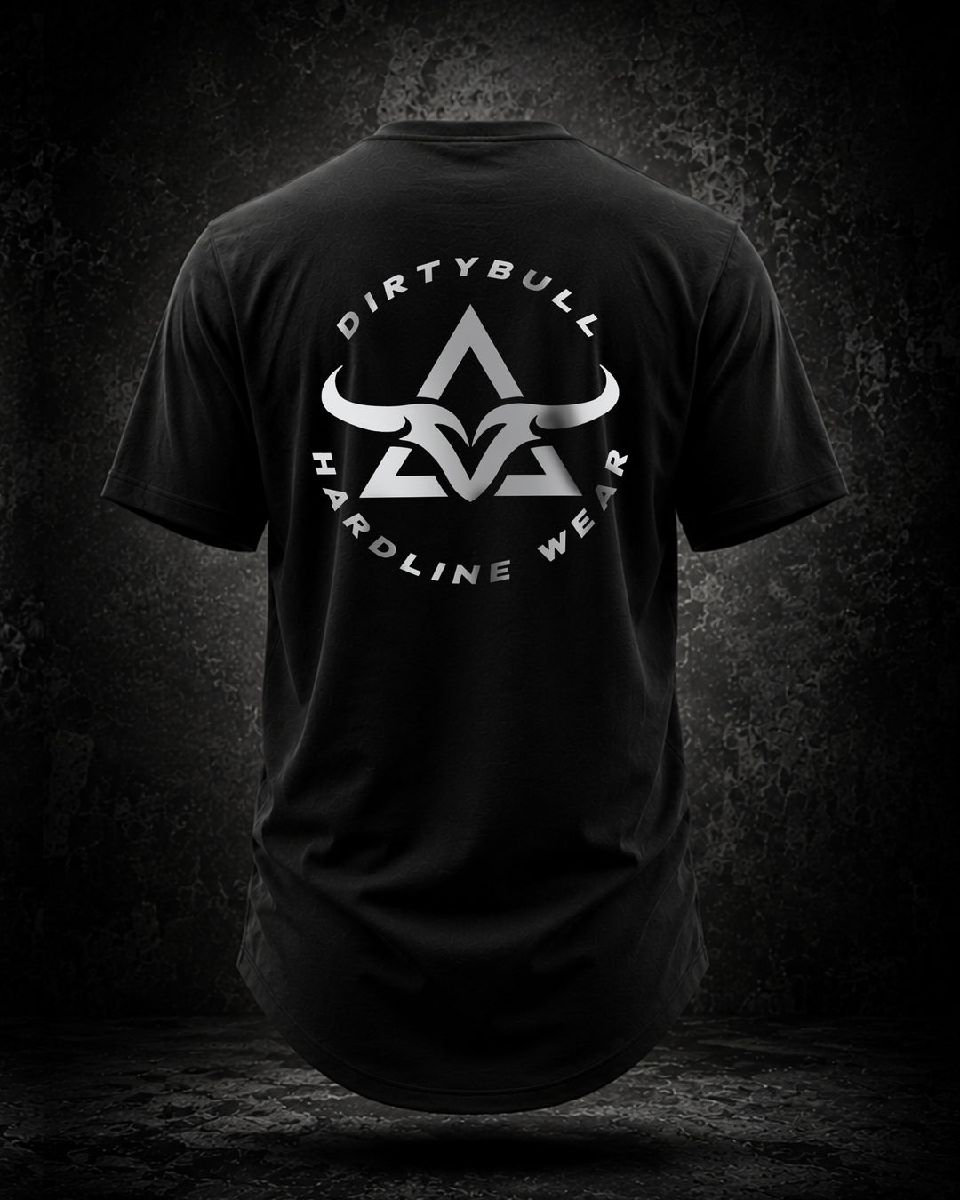 Black t-shirt with DirtyBull Hardline Wear logo on a dark background