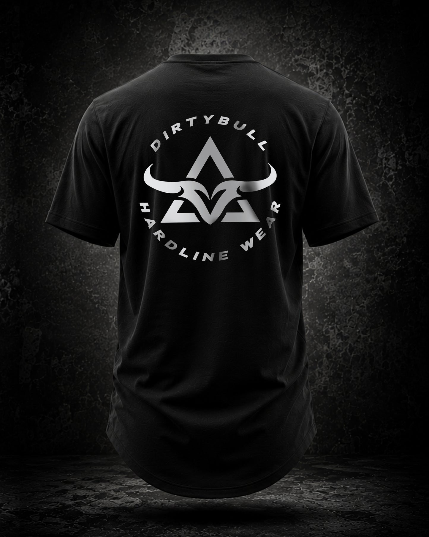 Black t-shirt with DirtyBull Hardline Wear logo on a dark background