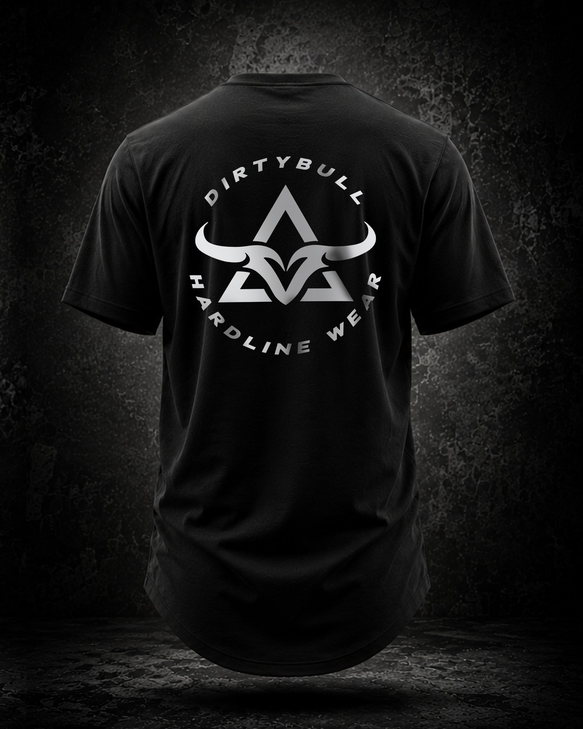 Black t-shirt with DirtyBull Hardline Wear logo on a dark background