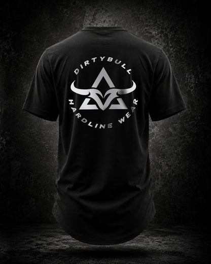 Black t-shirt with DirtyBull Hardline Wear logo on a dark background