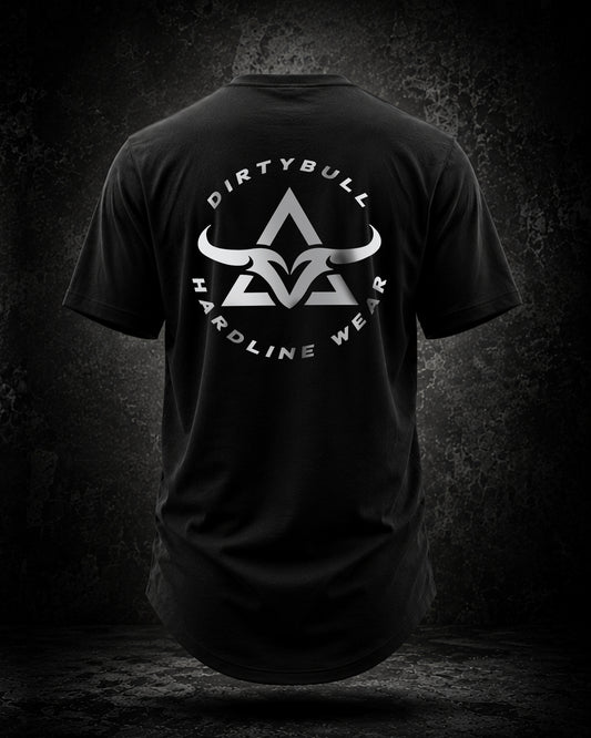 Black t-shirt with DirtyBull Hardline Wear logo on a dark background