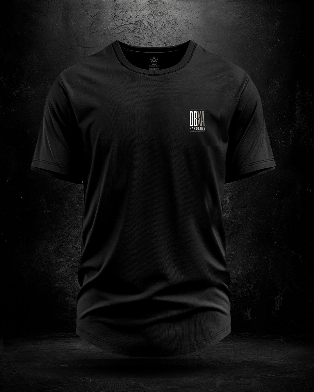 Black DBXA Hardline Taper Span Tee showing the small front chest graphic