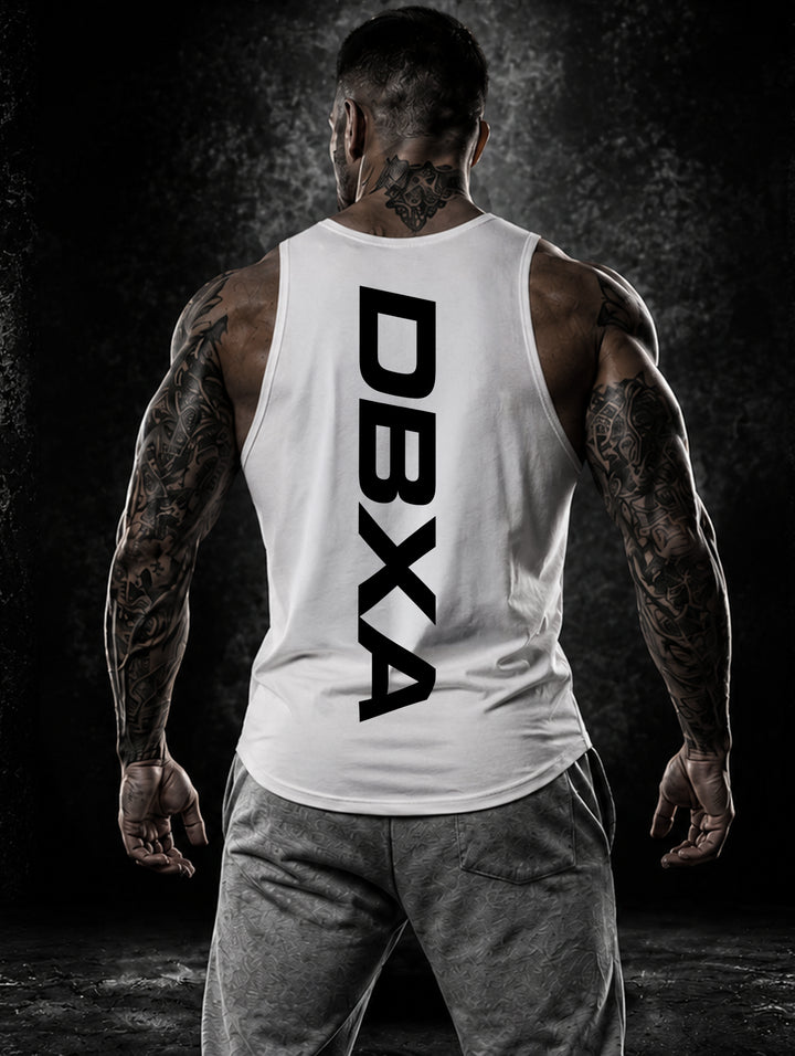 Muscular man wearing a white DBXA Hardline Tank showing the vertical rear logo