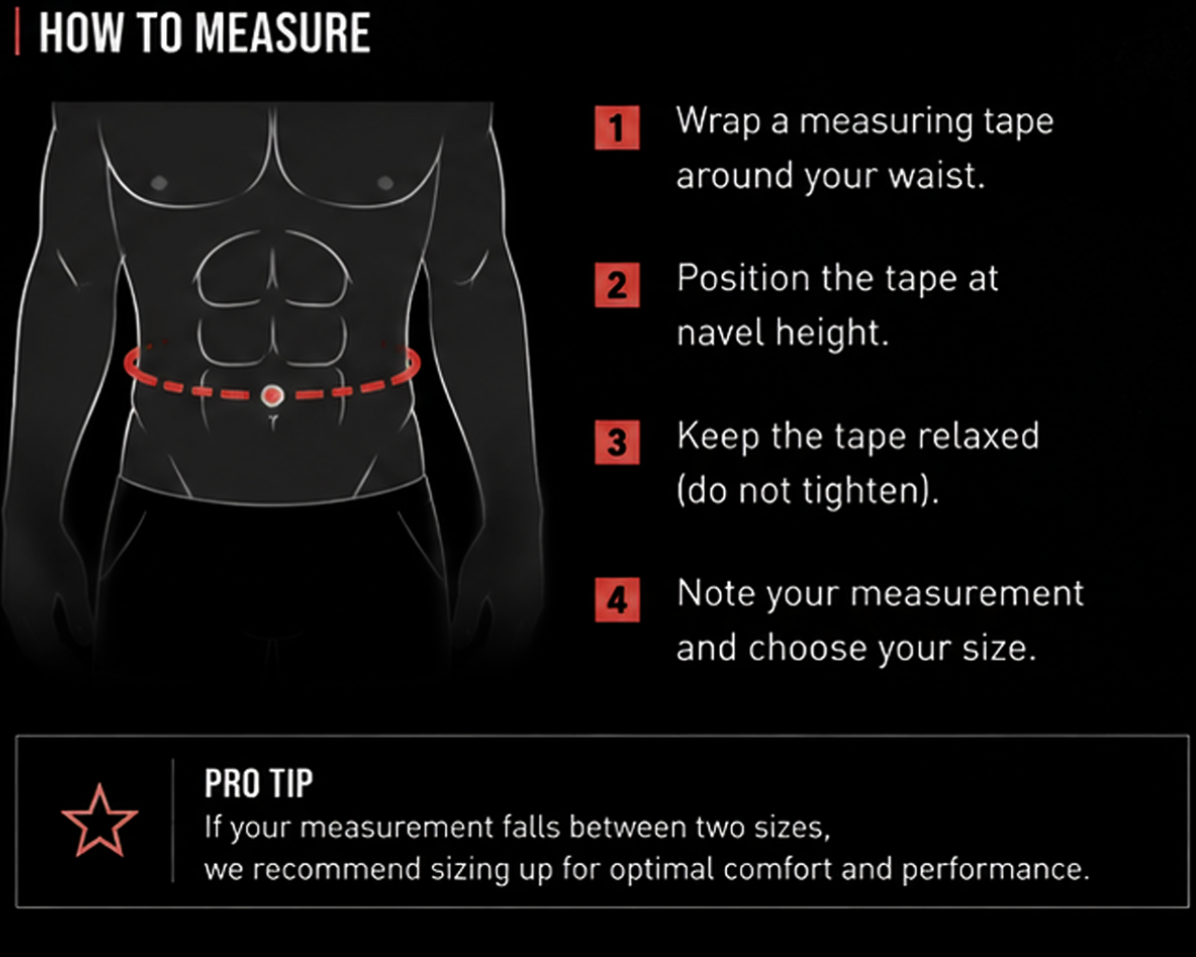 Instructions on how to measure waist size with a measuring tape, shown on a black background.