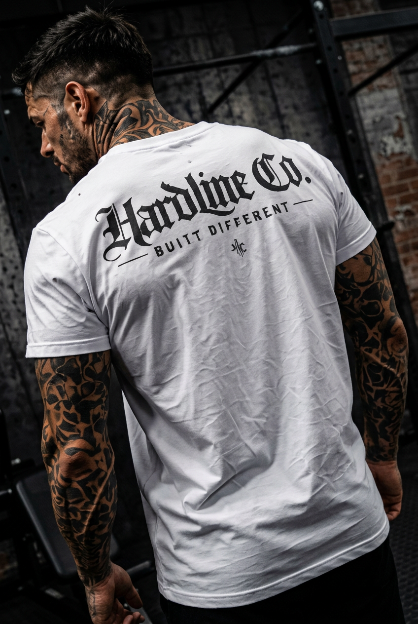 A man with tattoos is shown from behind wearing a white t-shirt with 'Hardline Co. BUILT DIFFERENT' printed in black gothic lettering on the back, set against a dark gym background.