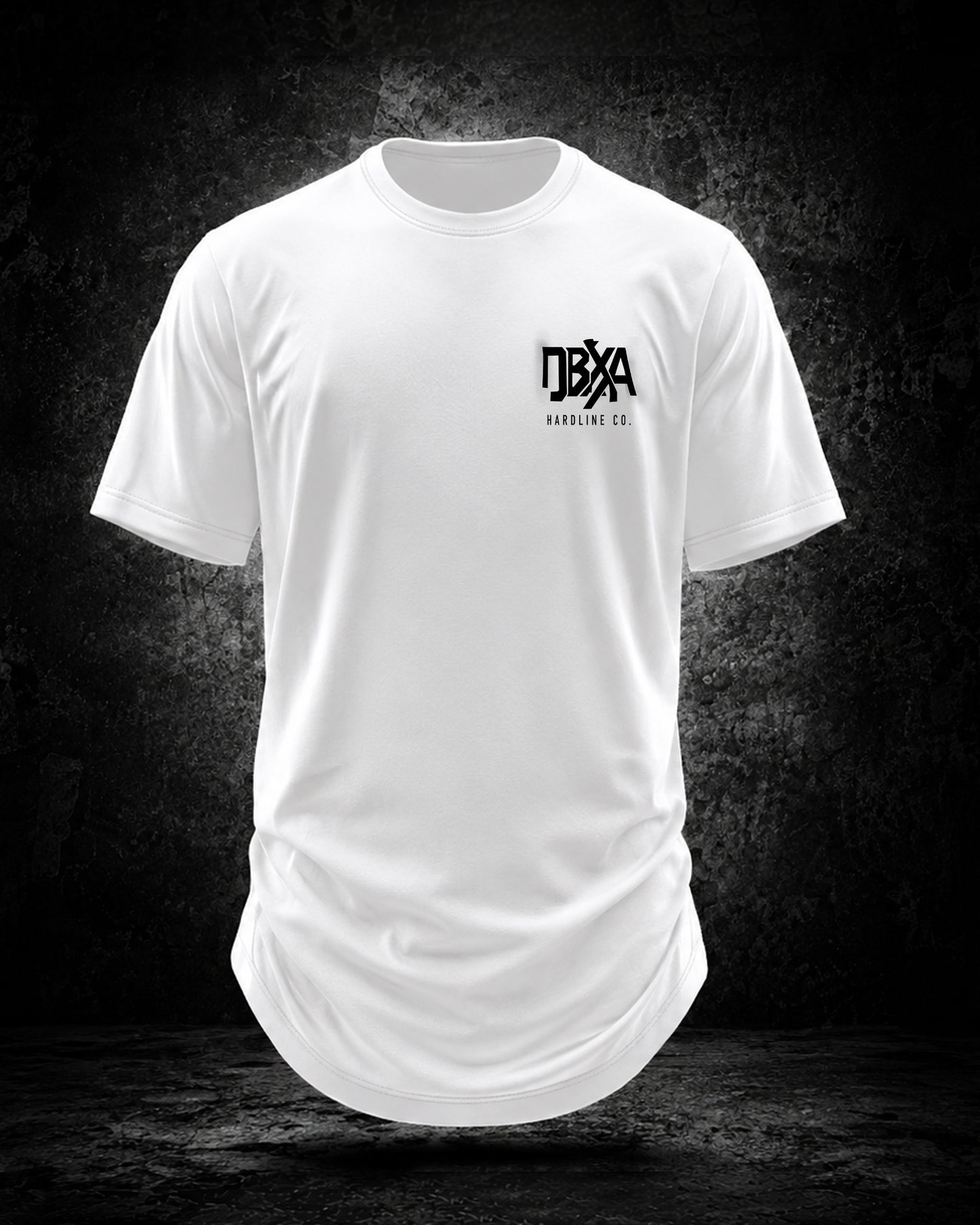 White t-shirt with a logo on a dark textured background